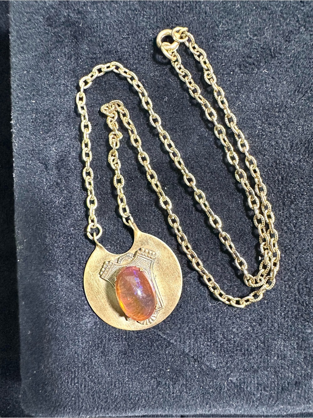 Vtg: Glass Dragons Breath Cabochon Brass Pendant Necklace - Picture 7 of 11